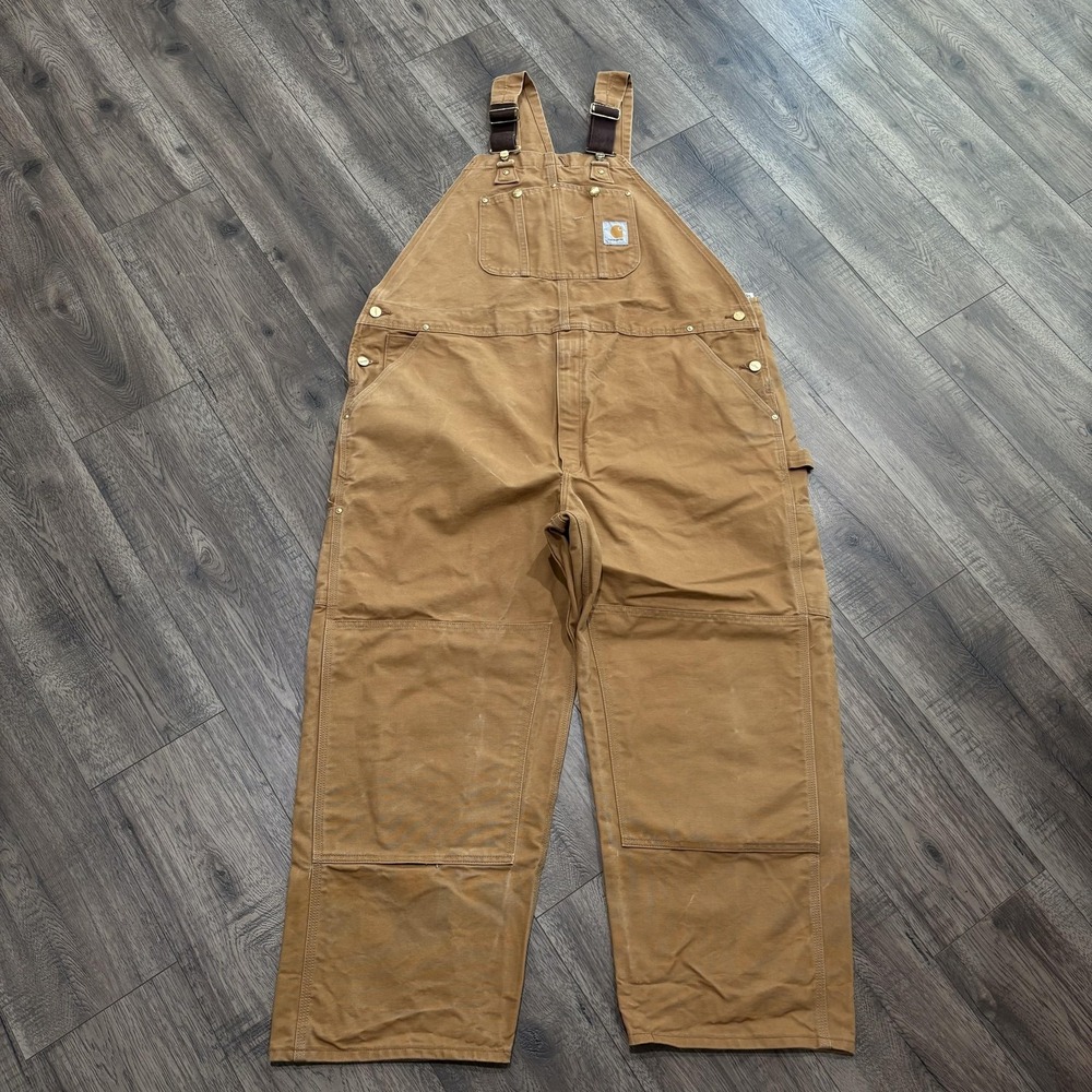 Vintage Carhartt Bib Overalls Mens 46x28 Brown Duck Double Knee R01 USA Workwear